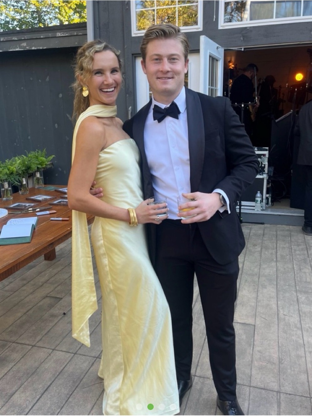 Ivory-Yellow Satin Strapless Maxi Dress with Draped Scarf